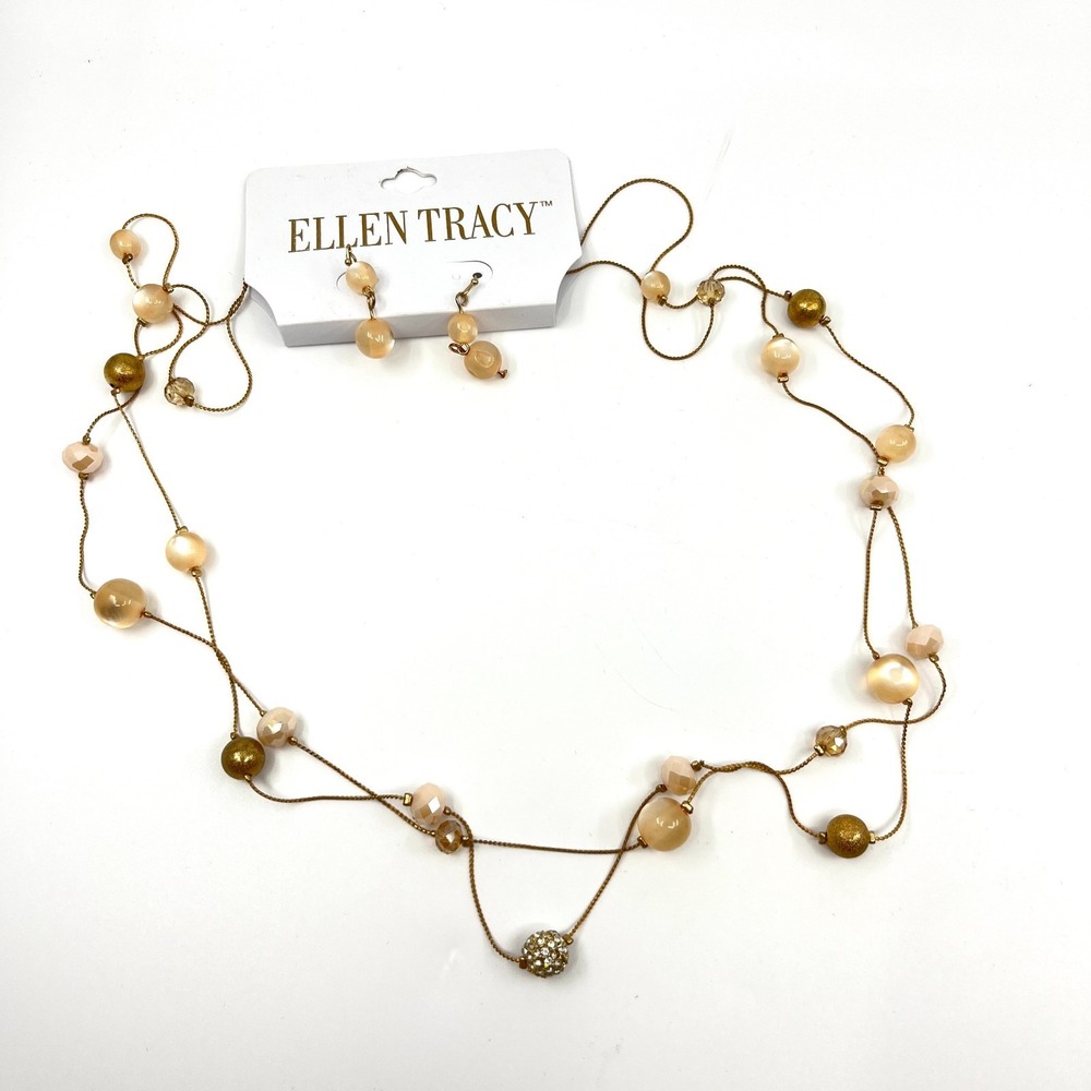VTG Retro Ellen Tracy Gold Tone Peach Bead Long Station Necklace & Earring Set